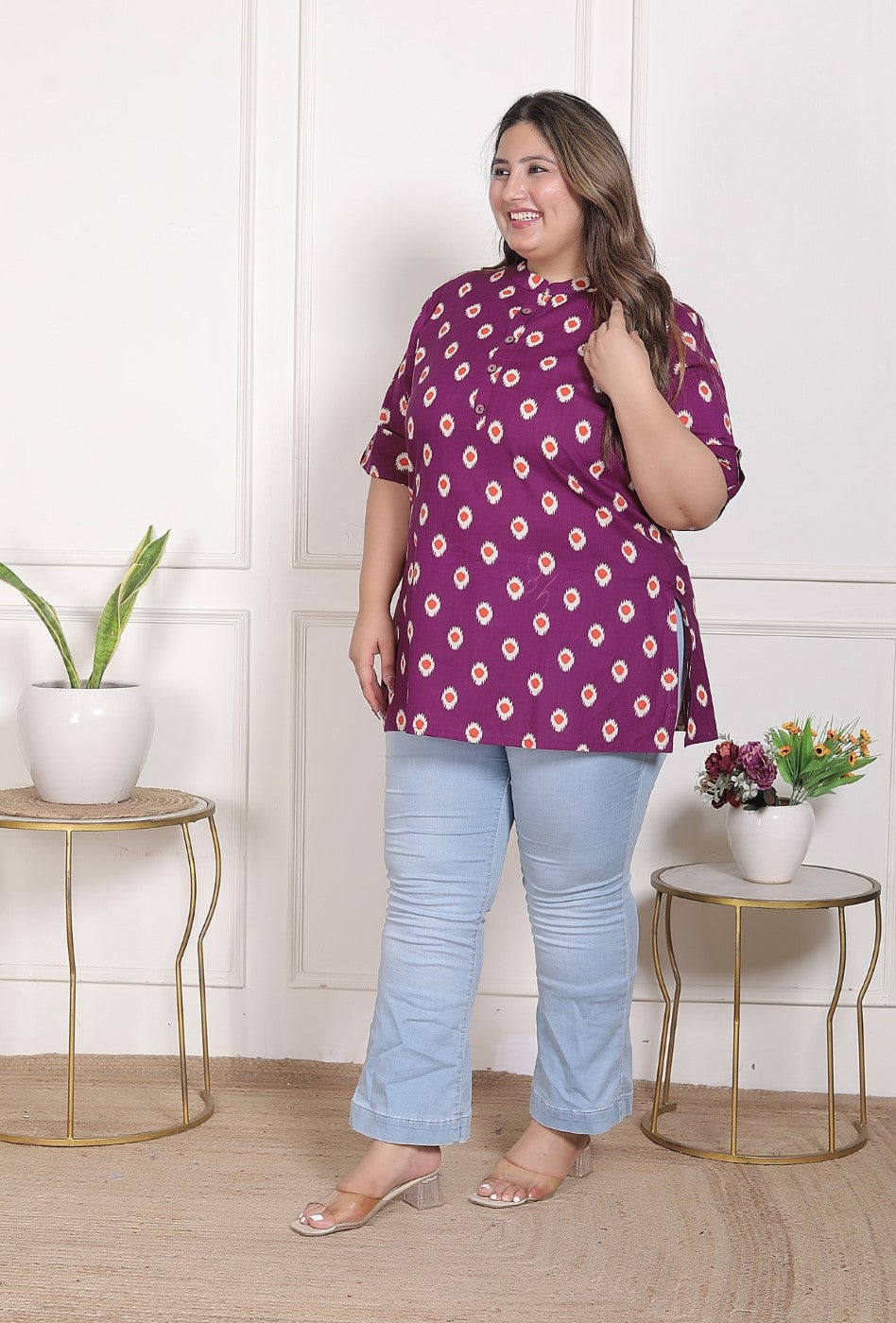 Plus Size Purple Cotton  Floral Print Short Kurta-300025