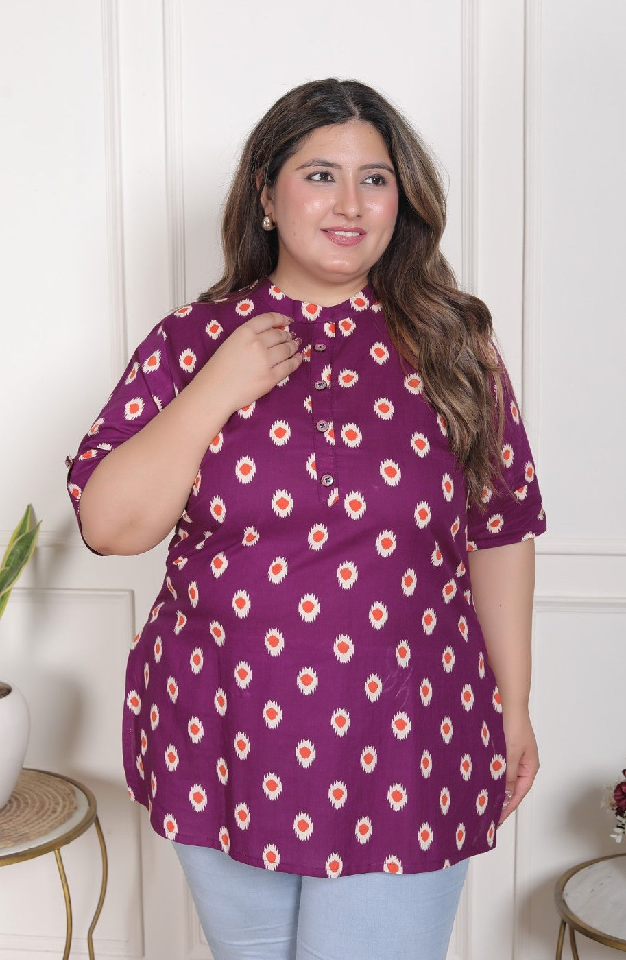 Plus Size Purple Cotton  Floral Print Short Kurta-300025