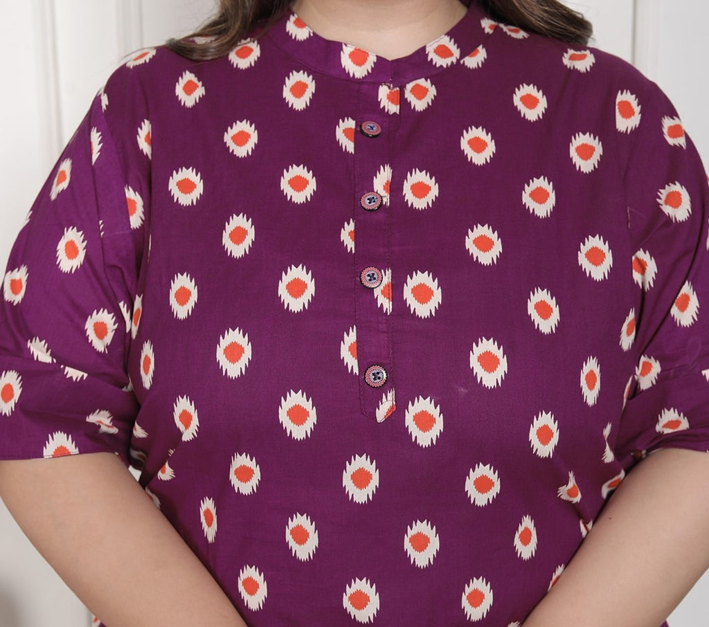 Plus Size Purple Cotton  Floral Print Short Kurta-300025