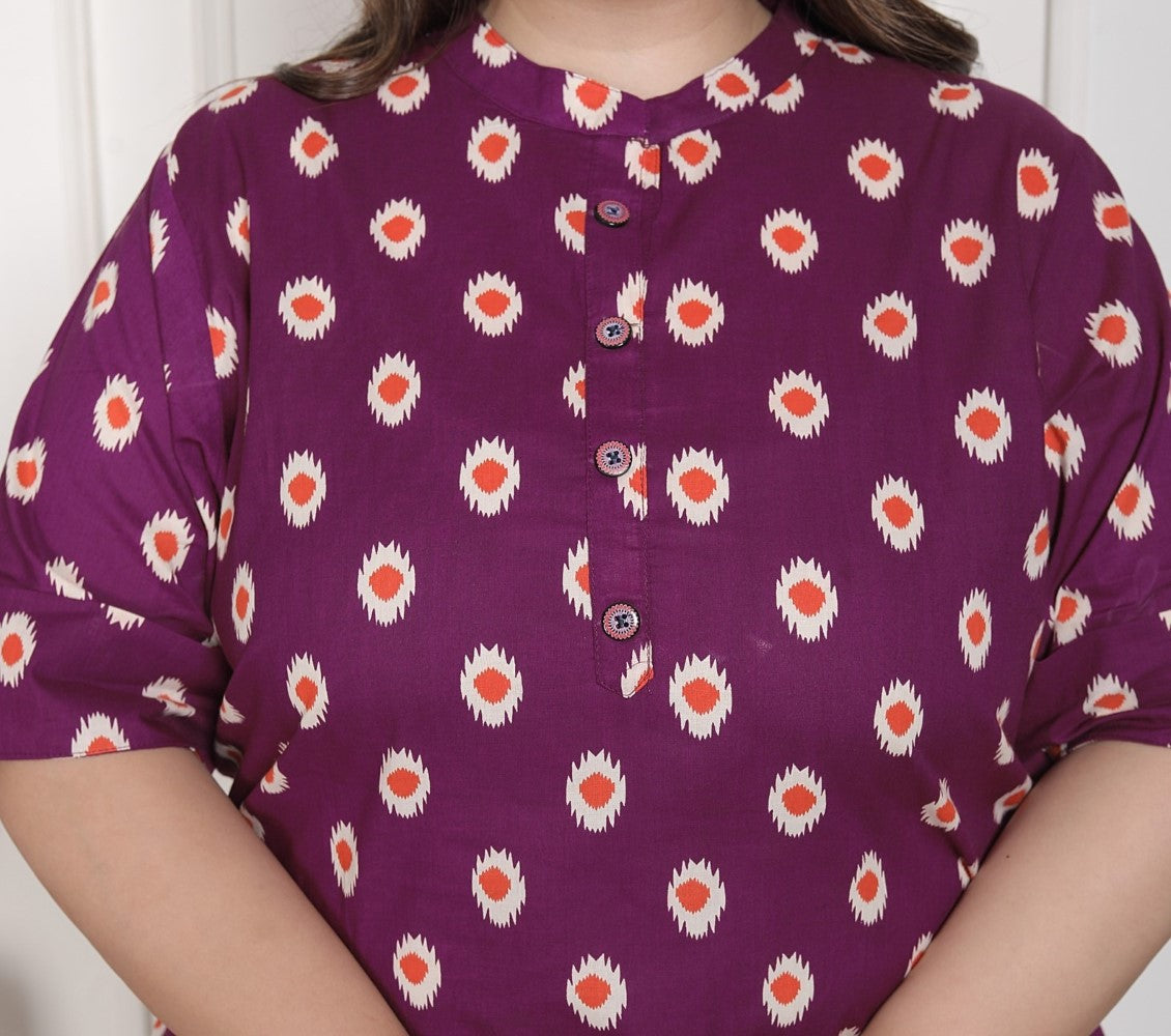Plus Size Purple Cotton  Floral Print Short Kurta-300025