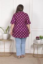 Plus Size Purple Cotton  Floral Print Short Kurta-300025