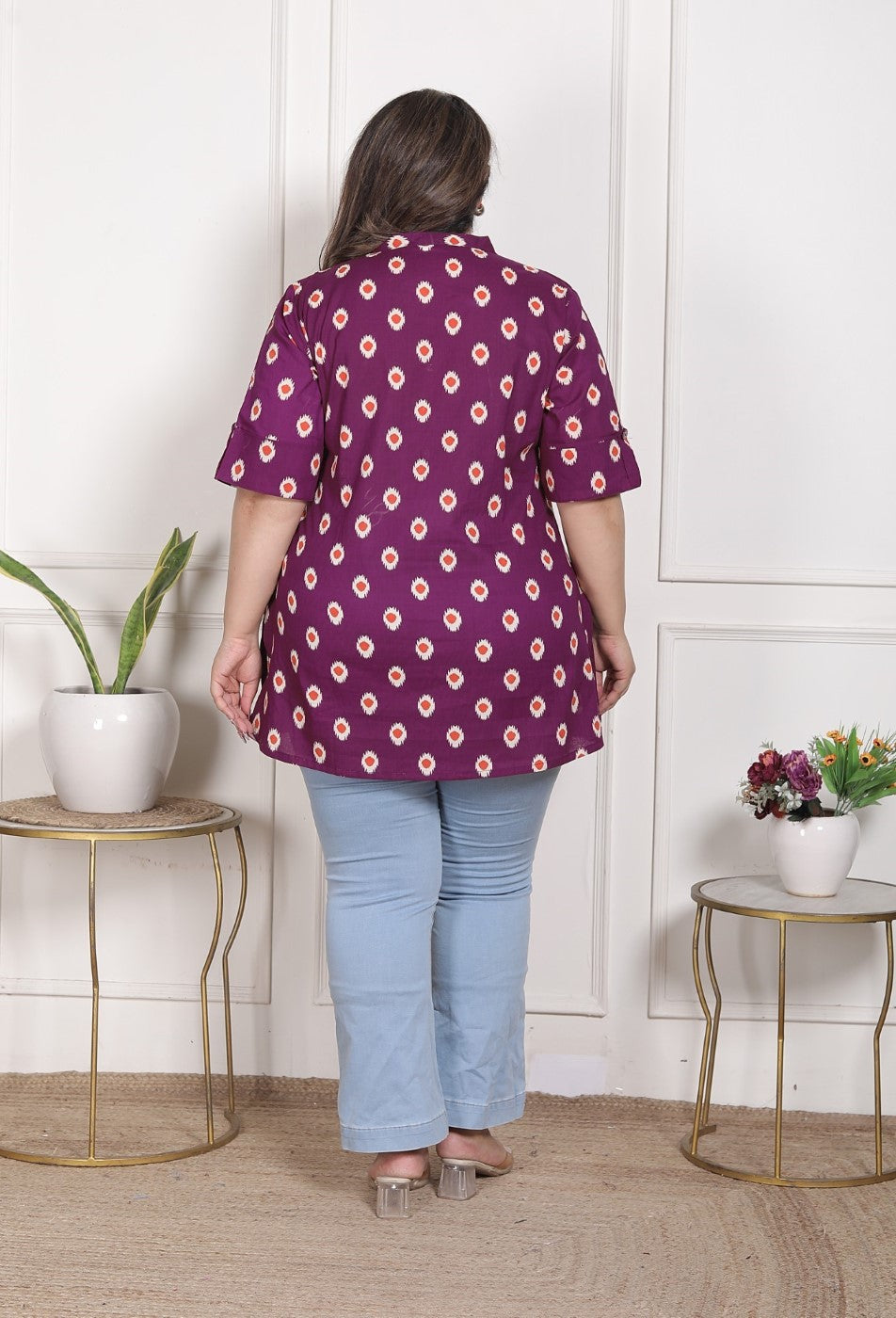 Plus Size Purple Cotton  Floral Print Short Kurta-300025