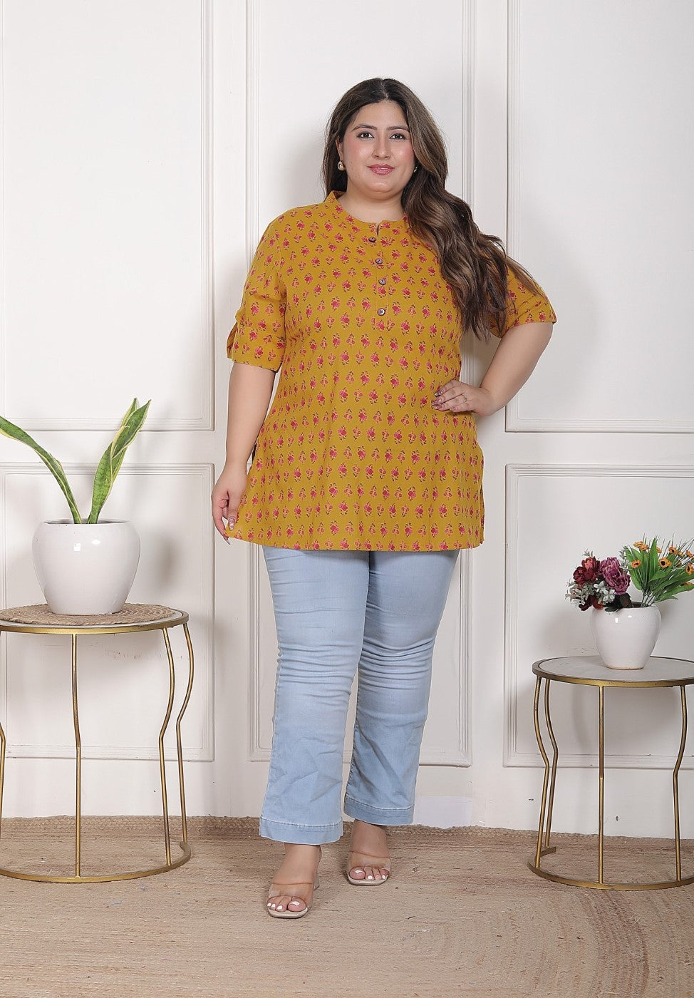 Plus Size Mustard Cotton  Floral Print Short Kurta-300026