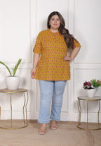 Plus Size Mustard Cotton  Floral Print Short Kurta-300026