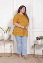 Plus Size Mustard Cotton  Floral Print Short Kurta-300026
