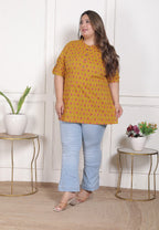 Plus Size Mustard Cotton  Floral Print Short Kurta-300026