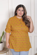 Plus Size Mustard Cotton  Floral Print Short Kurta-300026