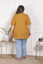 Plus Size Mustard Cotton  Floral Print Short Kurta-300026