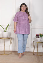 Plus Size Purple Cotton  Floral Print Short Kurta-300027