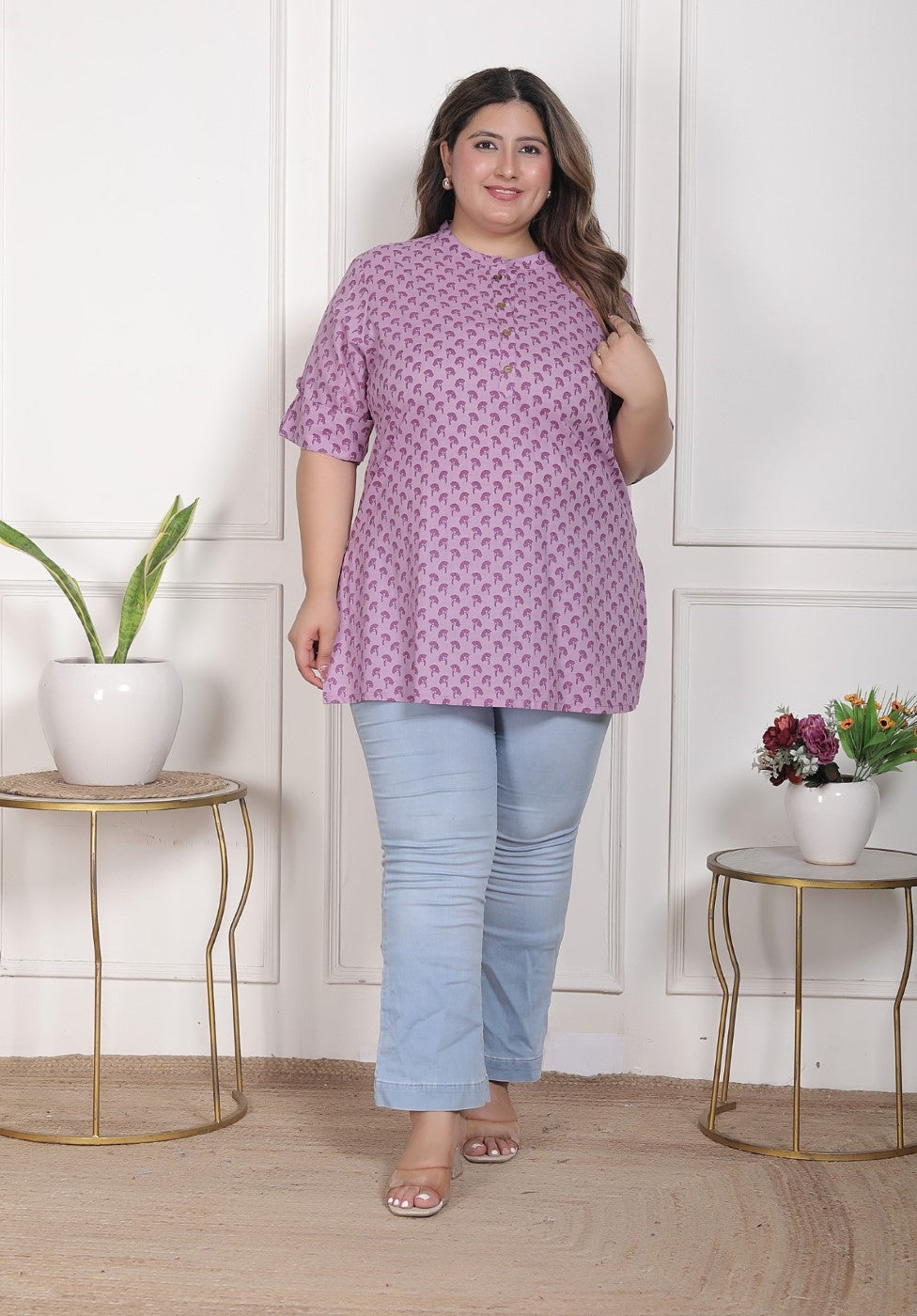 Plus Size Purple Cotton  Floral Print Short Kurta-300027