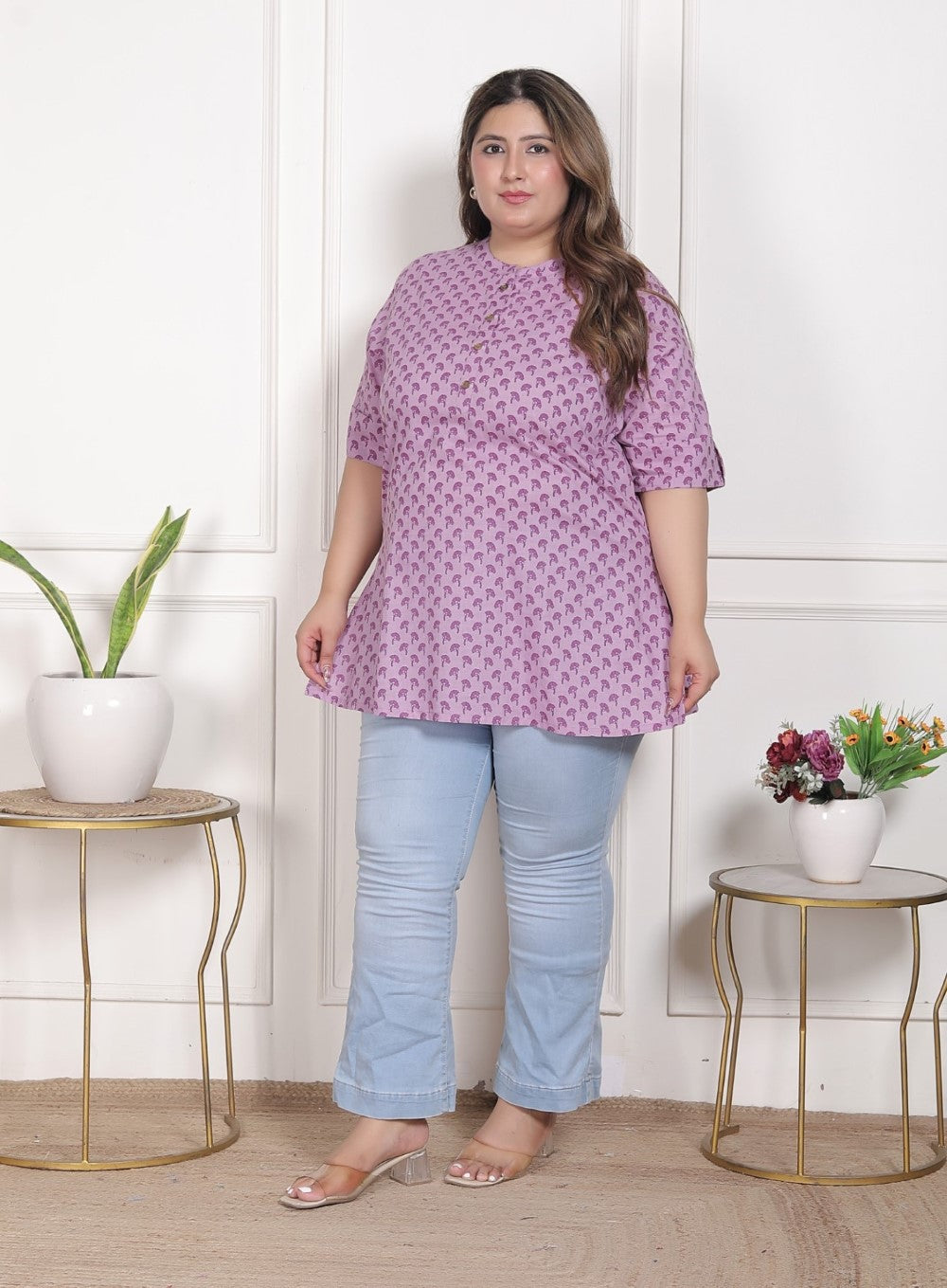 Plus Size Purple Cotton  Floral Print Short Kurta-300027