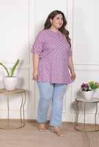 Plus Size Purple Cotton  Floral Print Short Kurta-300027