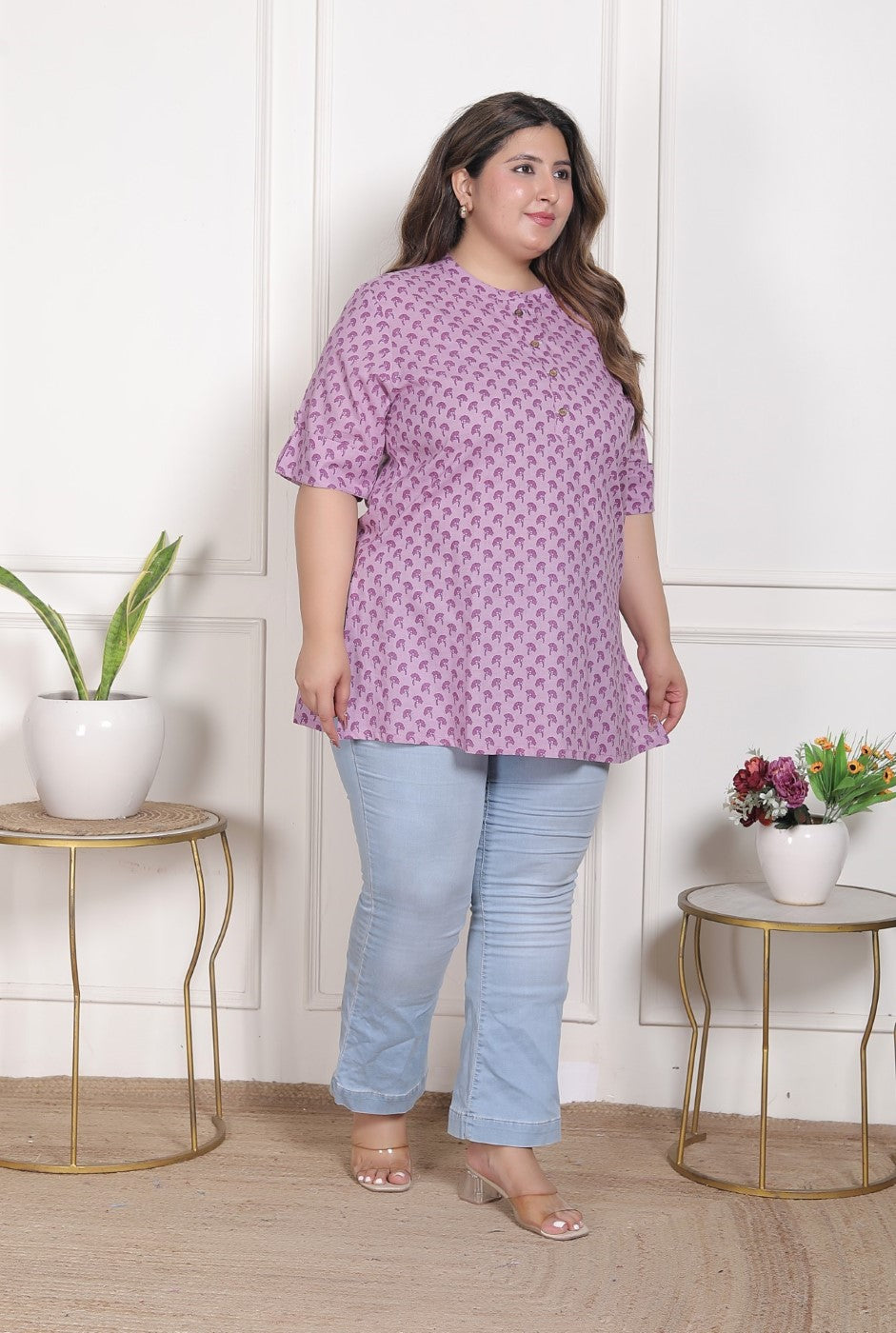 Plus Size Purple Cotton  Floral Print Short Kurta-300027