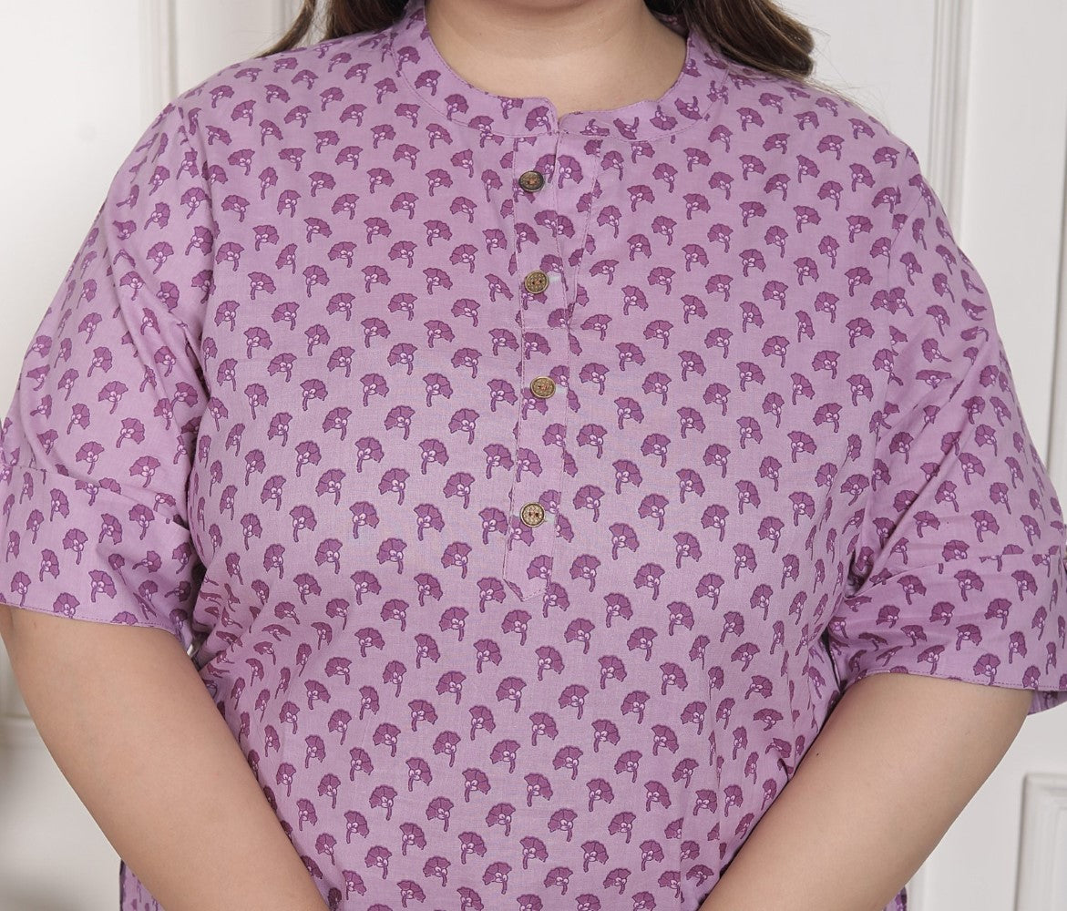 Plus Size Purple Cotton  Floral Print Short Kurta-300027