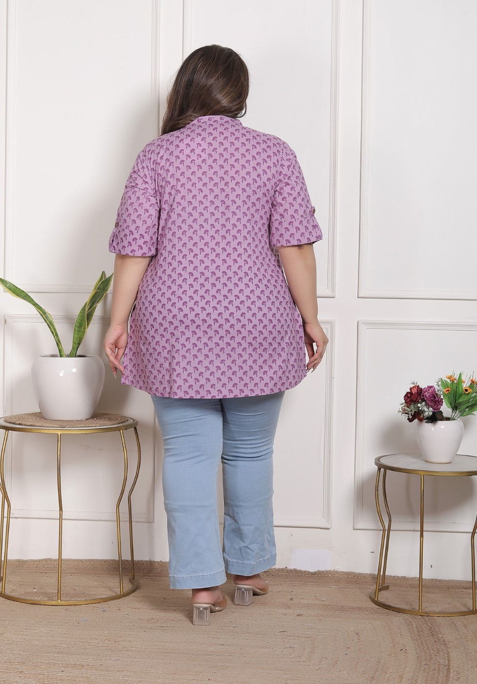 Plus Size Purple Cotton  Floral Print Short Kurta-300027