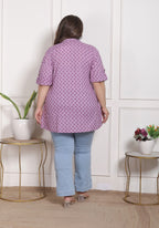Plus Size Purple Cotton  Floral Print Short Kurta-300027