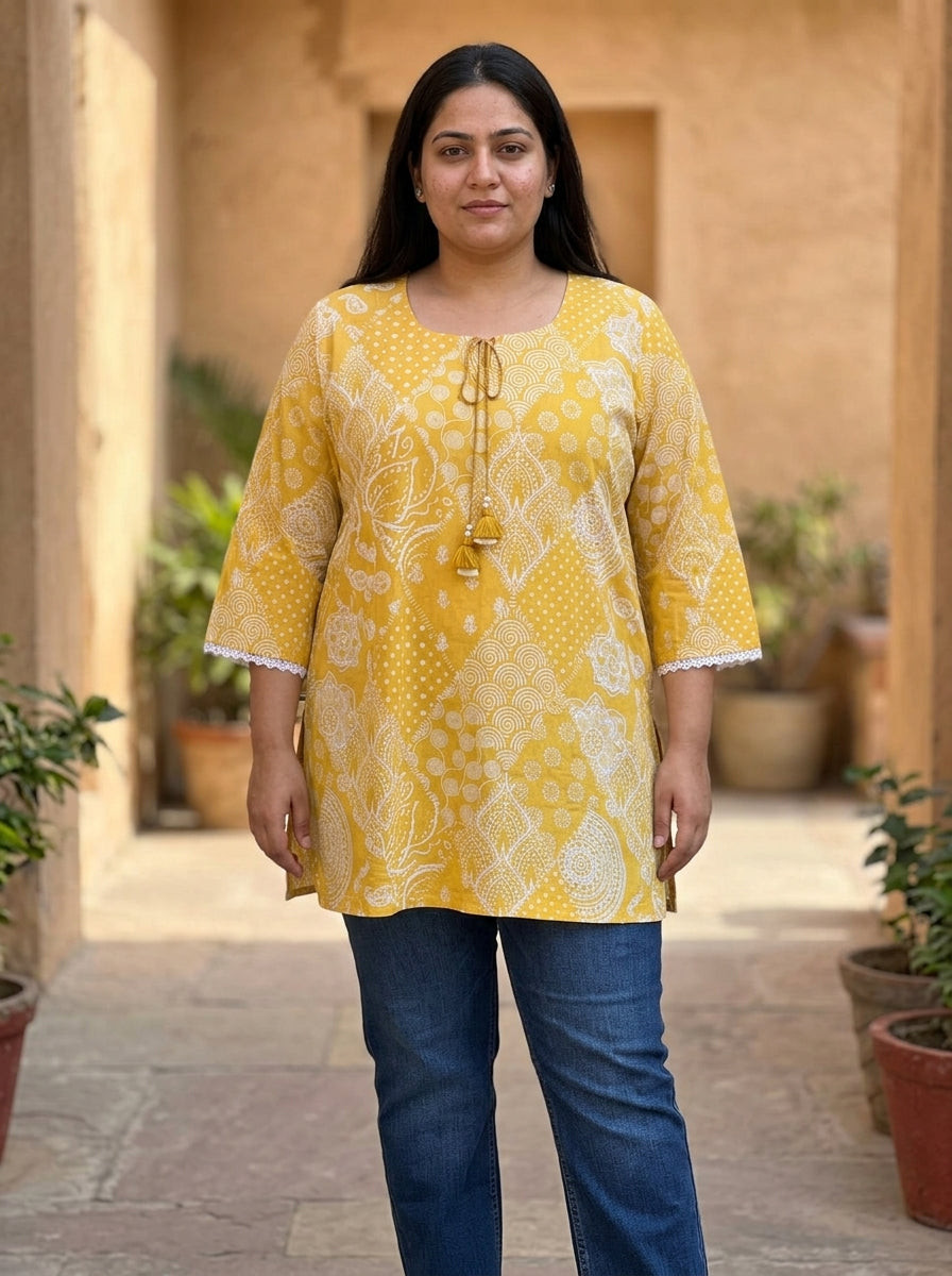 Plus Size Yellow Cotton Floral Print Short Kurta-300028
