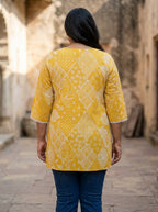 Plus Size Yellow Cotton Floral Print Short Kurta-300028