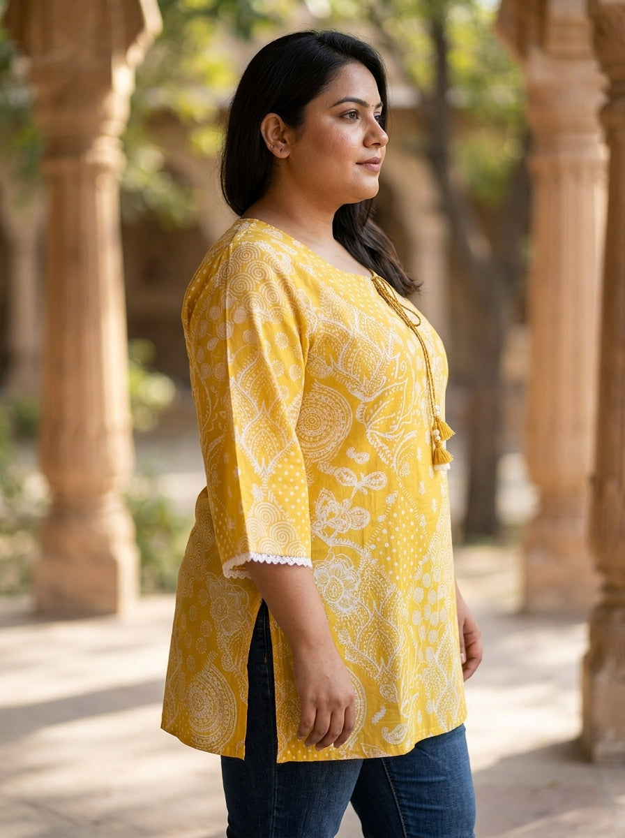 Plus Size Yellow Cotton Floral Print Short Kurta-300028