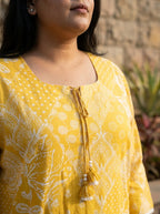 Plus Size Yellow Cotton Floral Print Short Kurta-300028