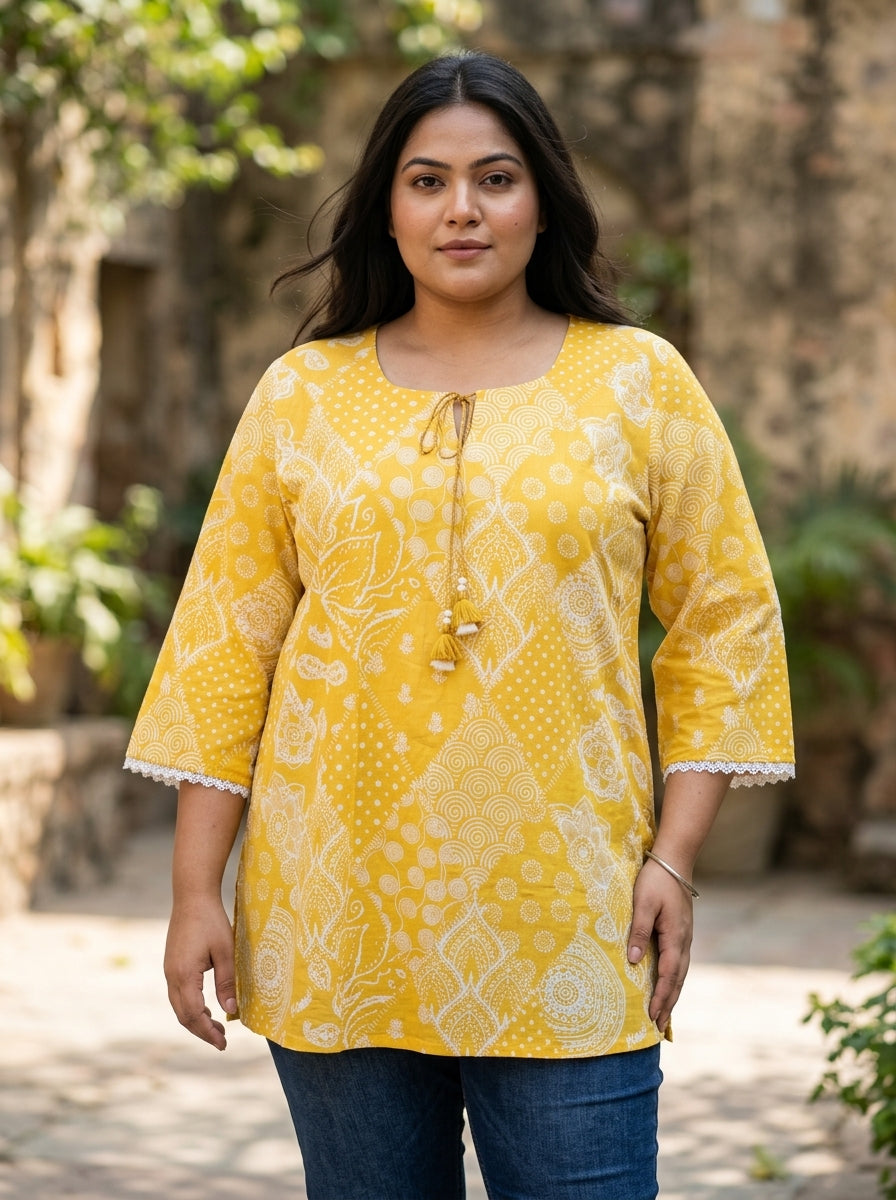 Plus Size Yellow Cotton Floral Print Short Kurta-300028
