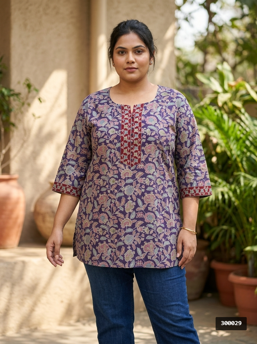 Plus Size Purple Cotton Floral Print Short Kurta-300029