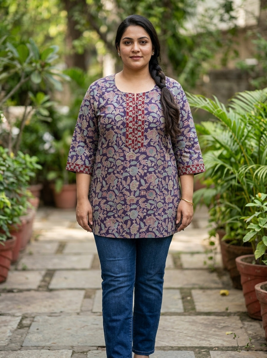 Plus Size Purple Cotton Floral Print Short Kurta-300029