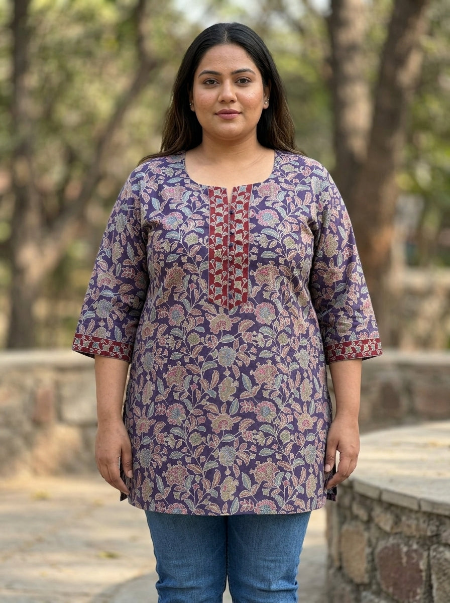 Plus Size Purple Cotton Floral Print Short Kurta-300029