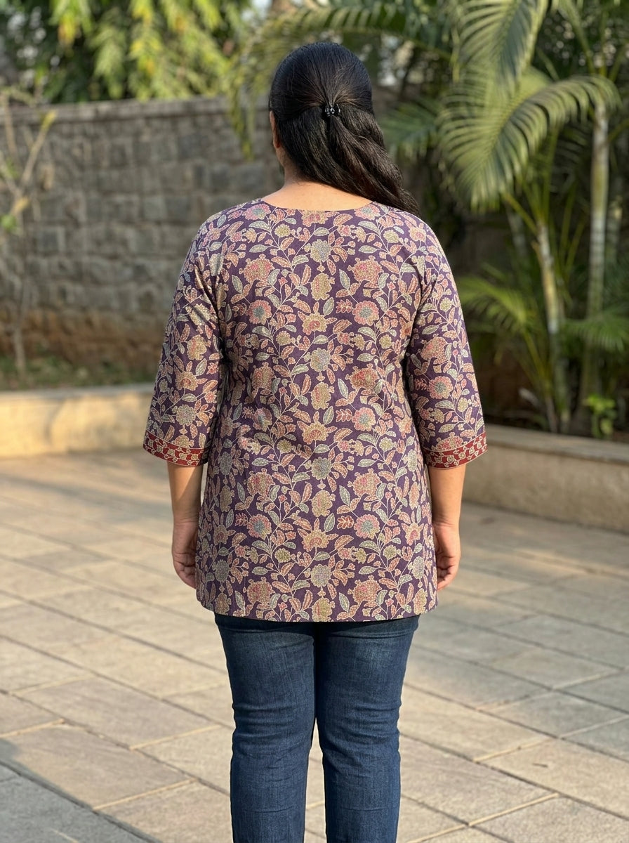 Plus Size Purple Cotton Floral Print Short Kurta-300029