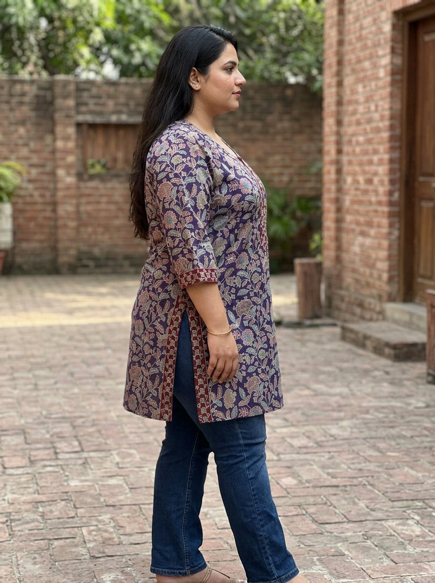 Plus Size Purple Cotton Floral Print Short Kurta-300029