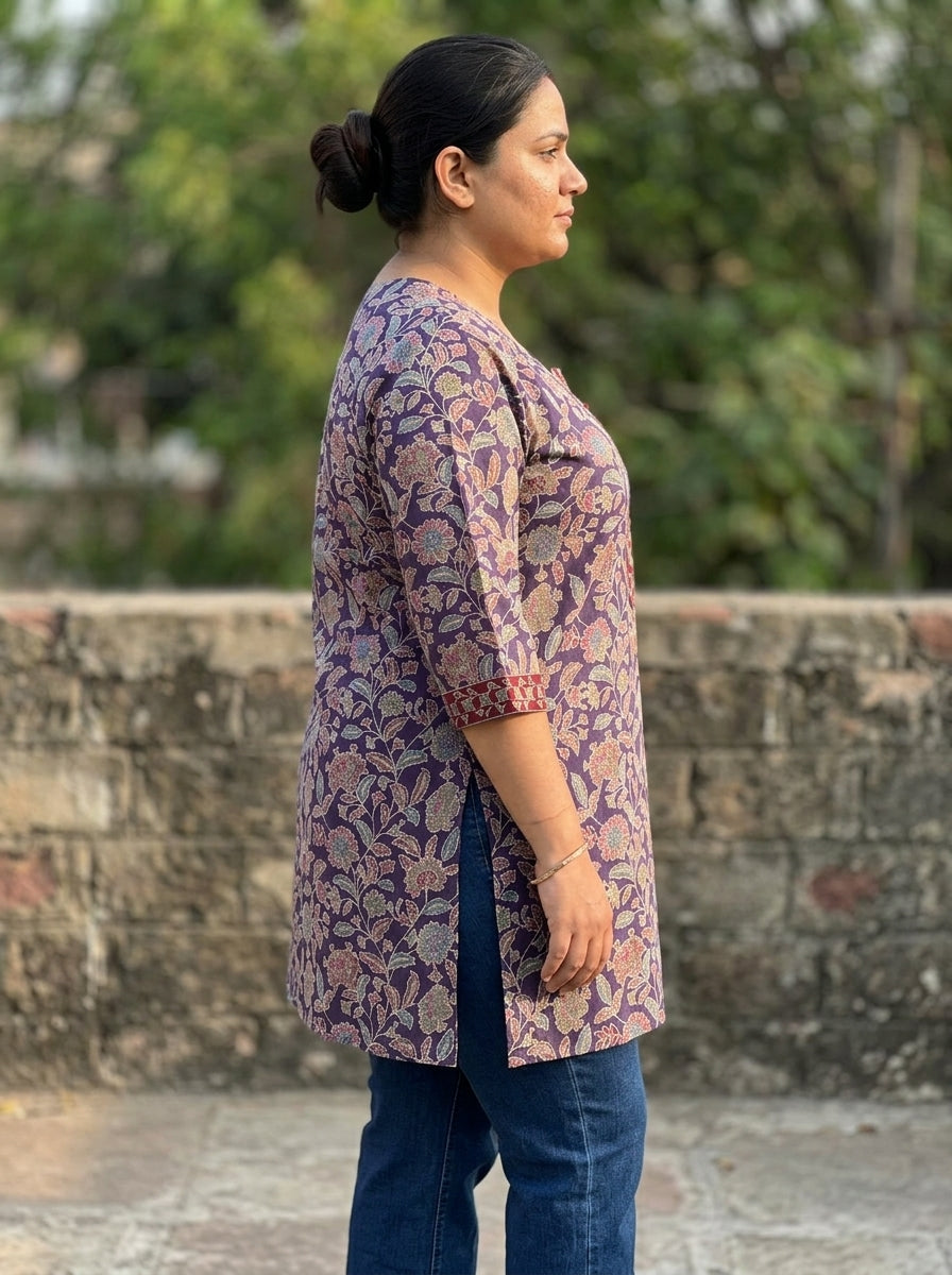 Plus Size Purple Cotton Floral Print Short Kurta-300029