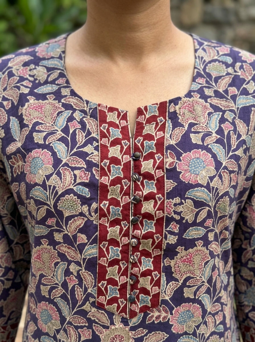 Plus Size Purple Cotton Floral Print Short Kurta-300029