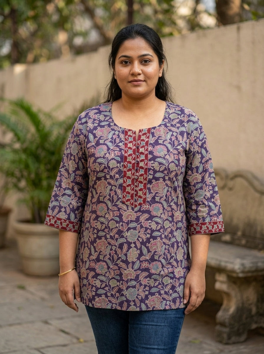 Plus Size Purple Cotton Floral Print Short Kurta-300029