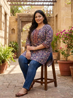 Plus Size Purple Cotton Floral Print Short Kurta-300029