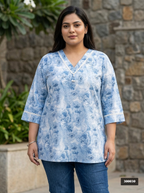 Plus Size Blue Cotton Floral Print Short Kurta-300030