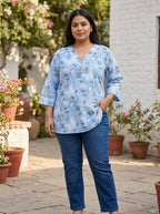 Plus Size Blue Cotton Floral Print Short Kurta-300030