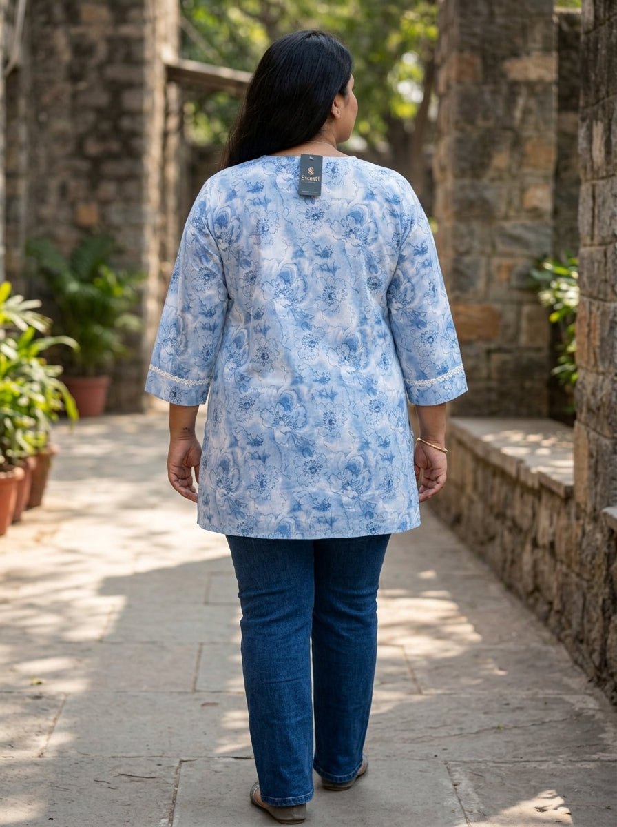 Plus Size Blue Cotton Floral Print Short Kurta-300030