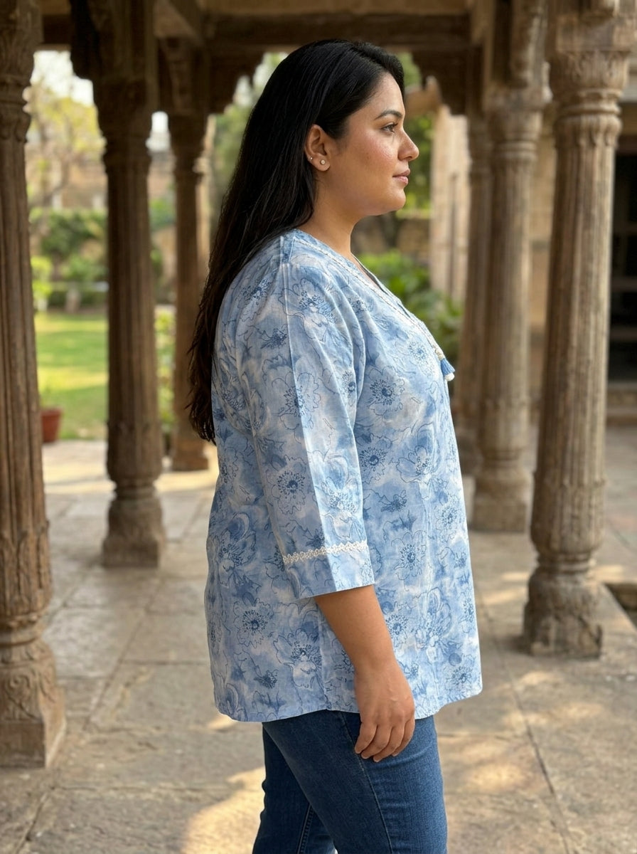 Plus Size Blue Cotton Floral Print Short Kurta-300030