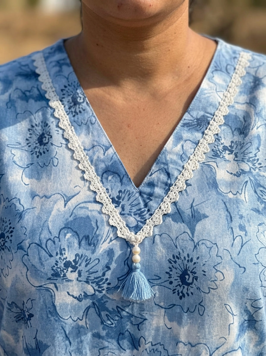 Plus Size Blue Cotton Floral Print Short Kurta-300030