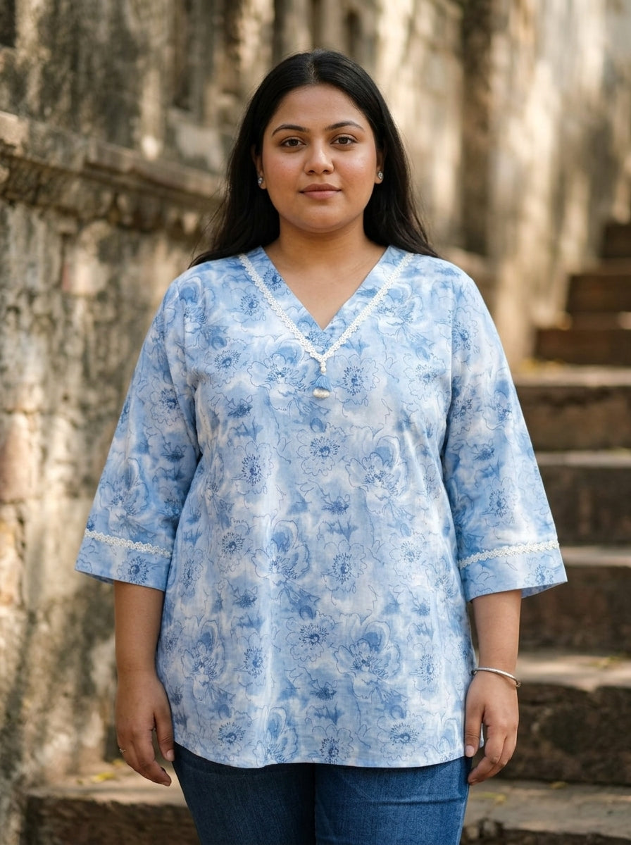 Plus Size Blue Cotton Floral Print Short Kurta-300030