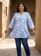 Plus Size Blue Cotton Floral Print Short Kurta-300030