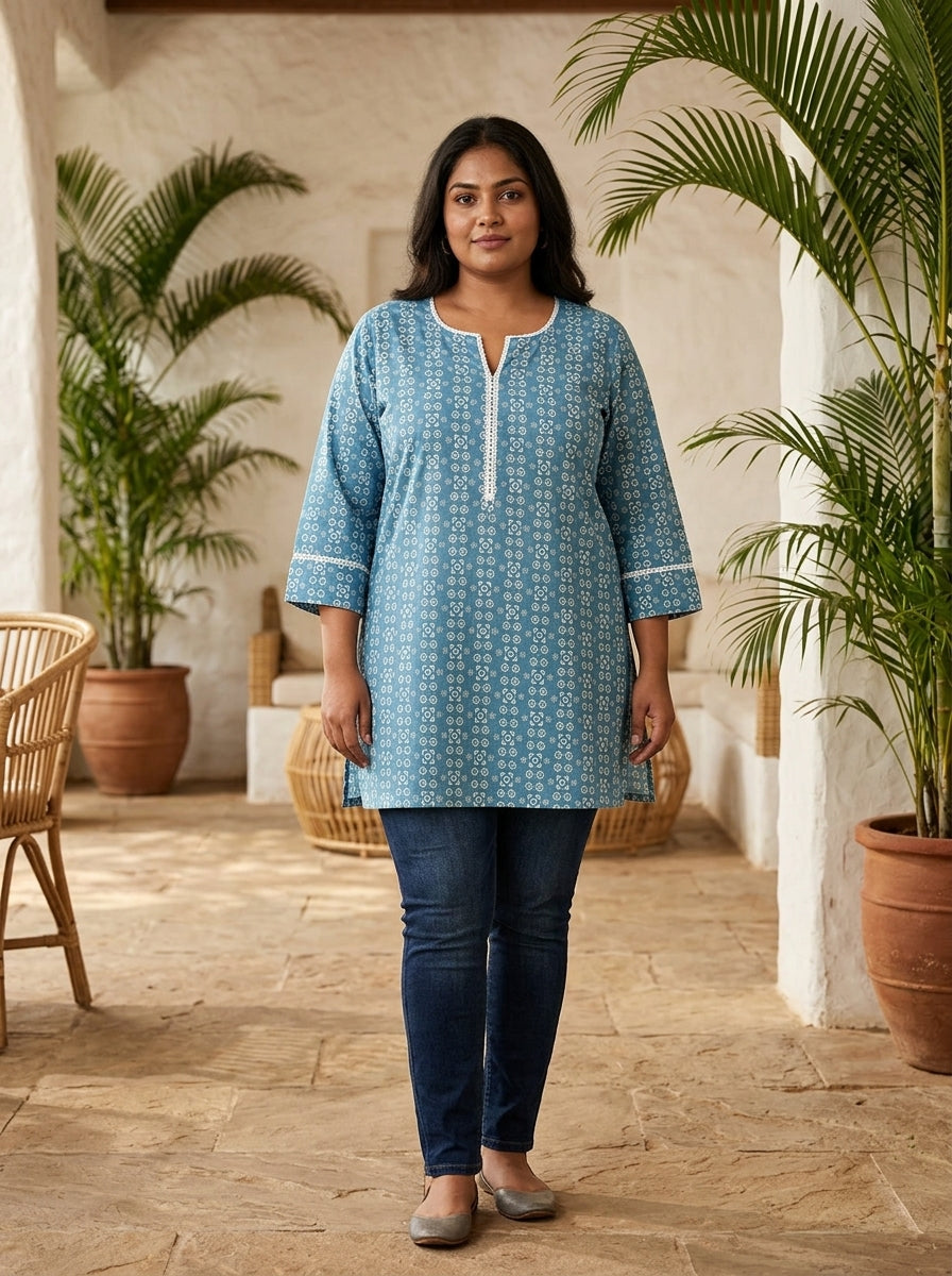 Plus Size Blue Cotton Floral Print Short Kurta-300031 Main image