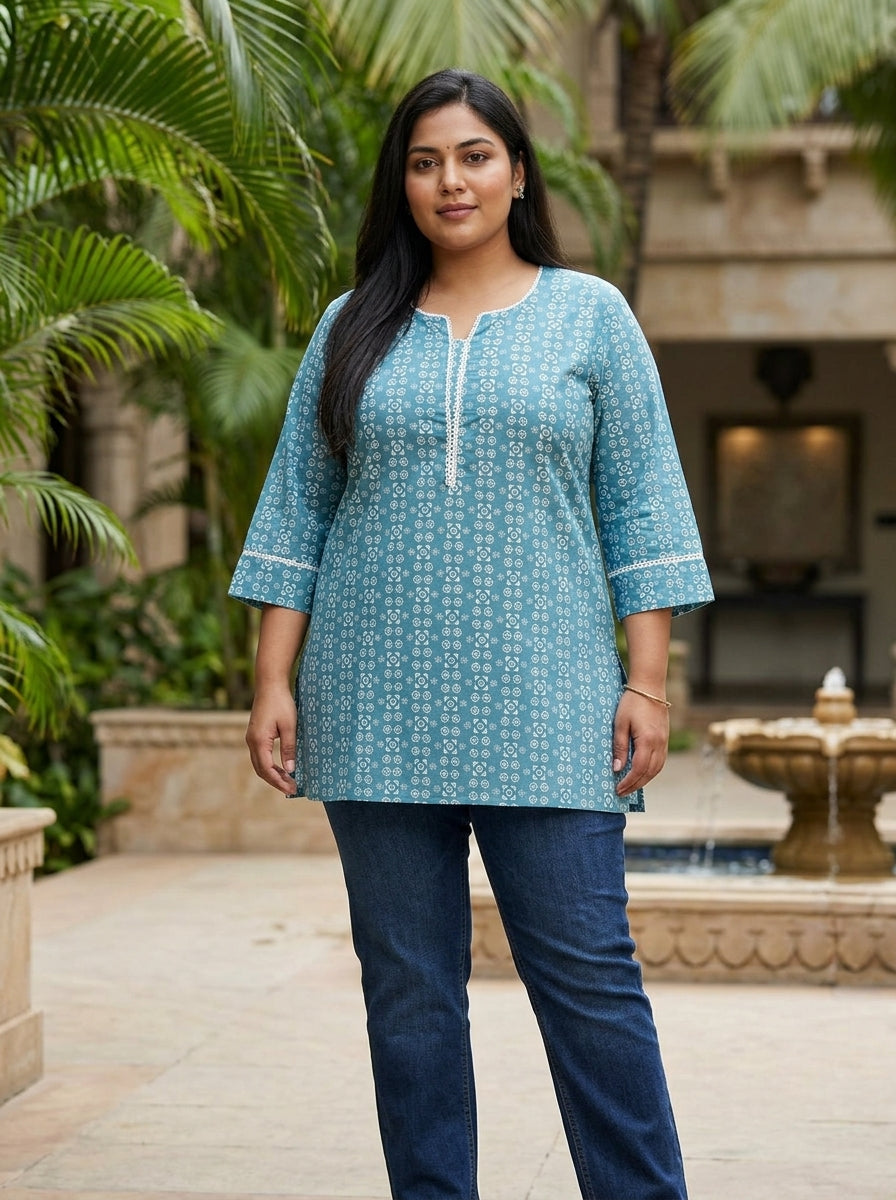 Plus Size Blue Cotton Floral Print Short Kurta-300031