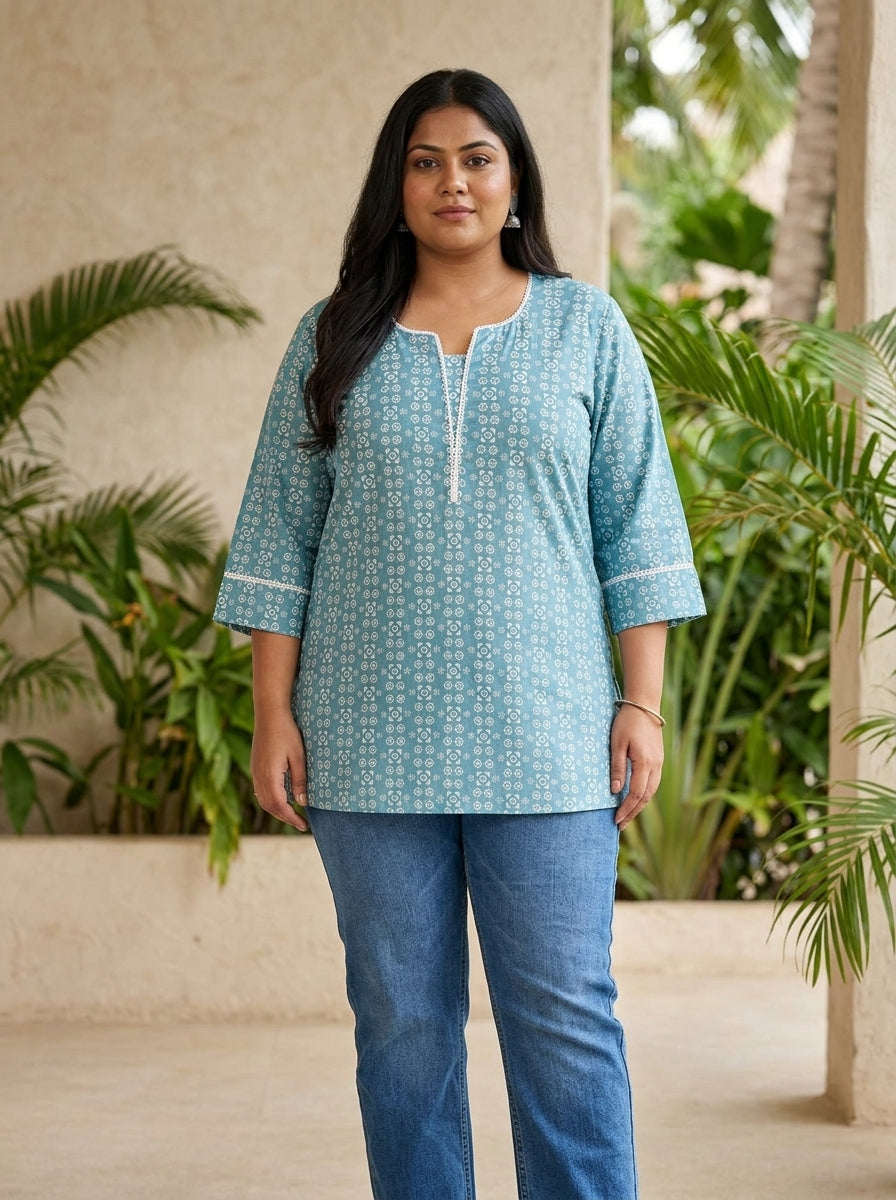 Plus Size Blue Cotton Floral Print Short Kurta-300031