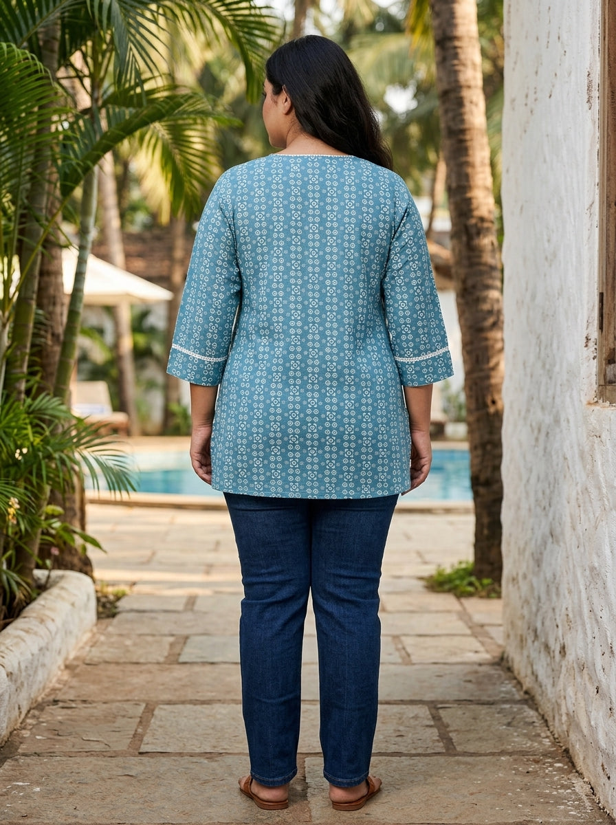 Plus Size Blue Cotton Floral Print Short Kurta-300031