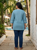 Plus Size Blue Cotton Floral Print Short Kurta-300031