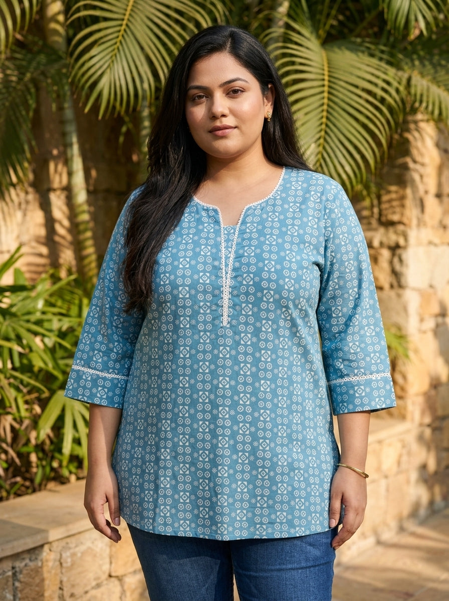 Plus Size Blue Cotton Floral Print Short Kurta-300031