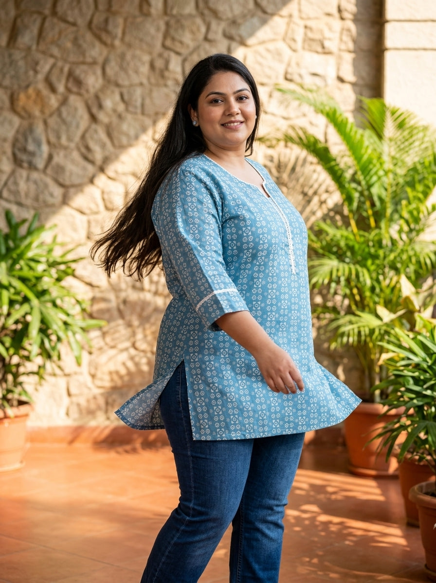 Plus Size Blue Cotton Floral Print Short Kurta-300031