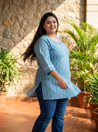 Plus Size Blue Cotton Floral Print Short Kurta-300031