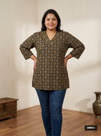 Plus Size Brown Cotton Geometric Block Print Short Kurta-300032